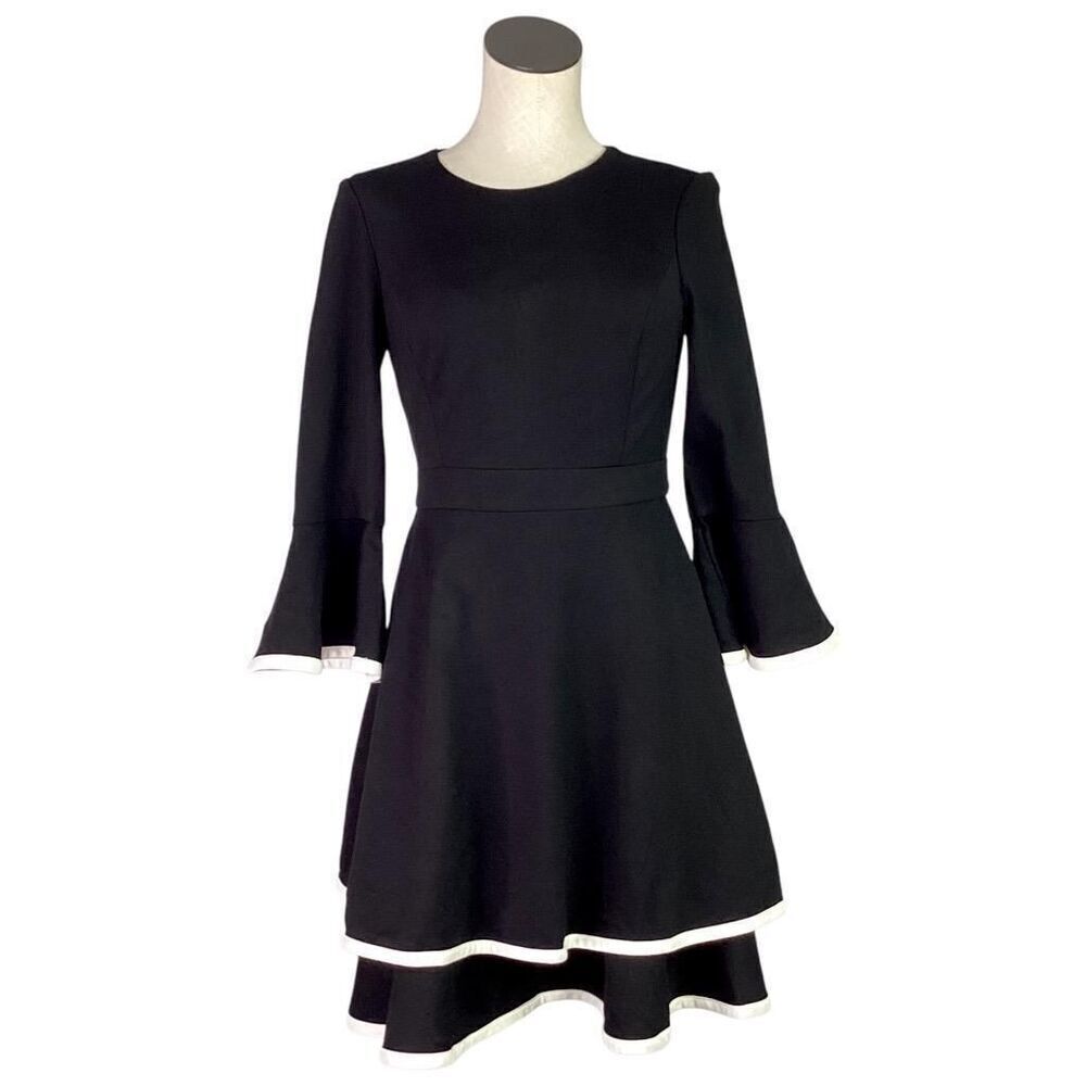 Eliza J Dress Womens 6 Black Ivory Bell Sleeve Tiered Fit and Flare Ponte Knit